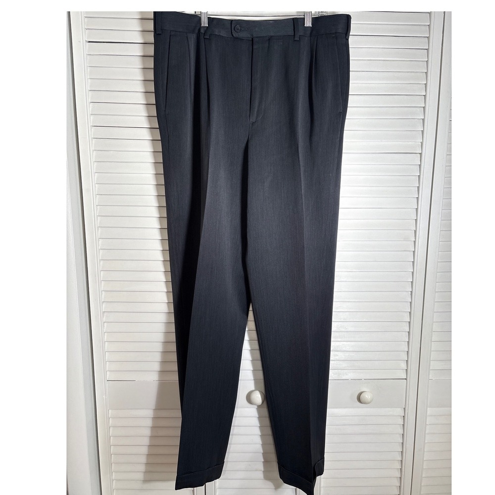 Perry Ellis Portfolio Mens 36x34 Pleated Cuffed Dress Pants Charcoal Gray Slacks
